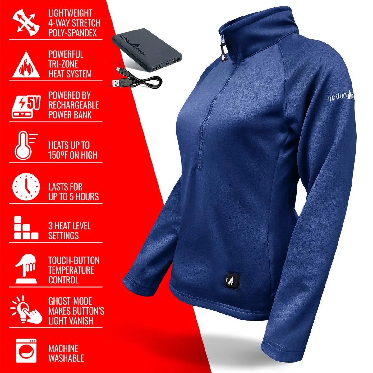 ActionHeat 5V Women's 1/2 Zip Pullover Battery Heated Shirt