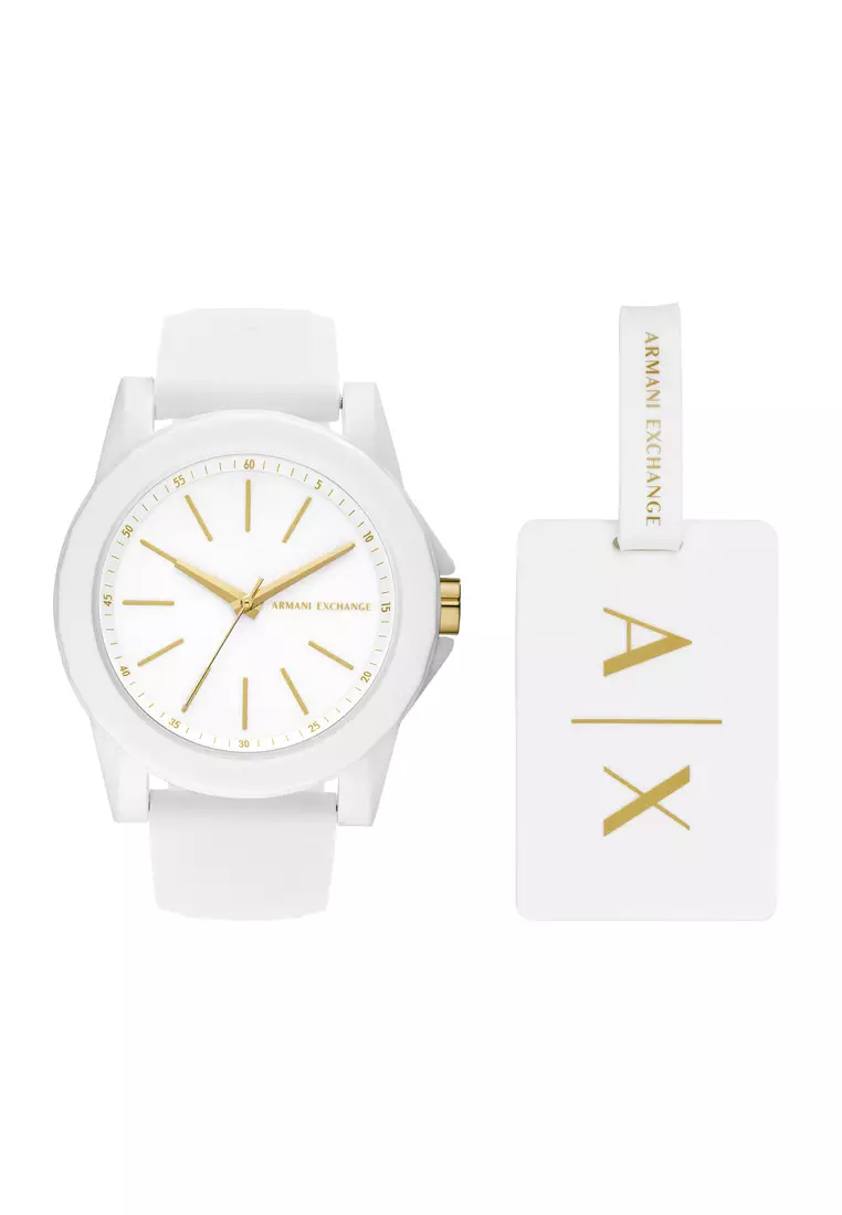 Armani Exchange Armani Exchange Three-Hand White Silicone Watch and Luggage Tag Gift Set (AX7126)