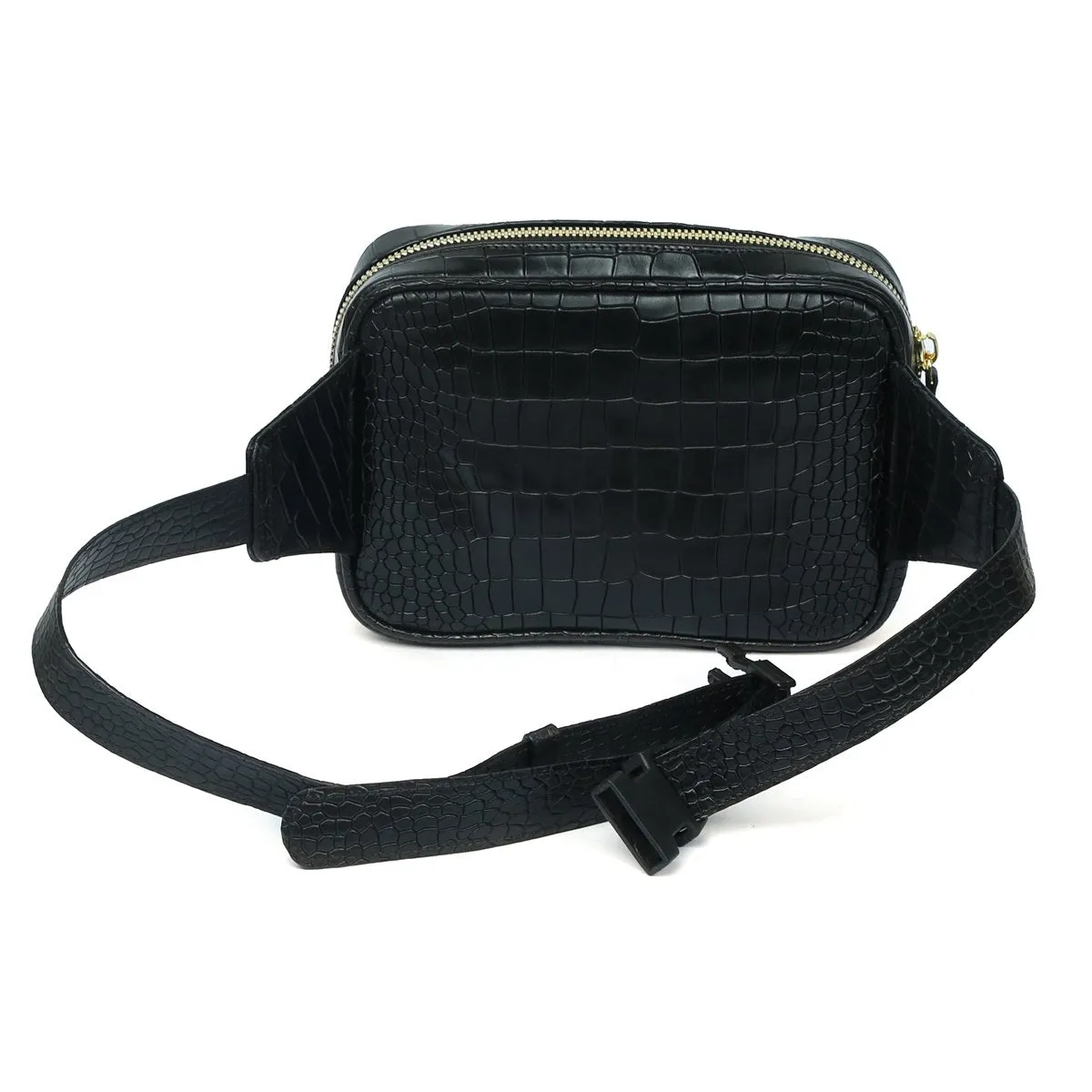 Bespoke Black Squared Shape Croco Leather Print with Metal Initial Belt Bag by BRUNE & BARESKIN