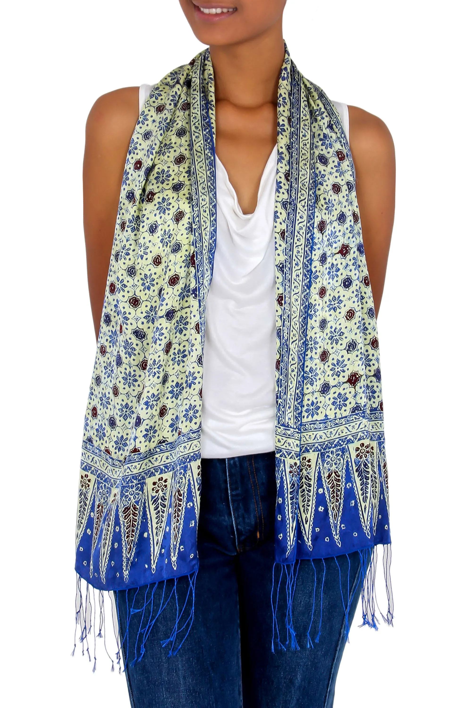 Blue Jasmine Silk Hand Stamped Batik Scarf