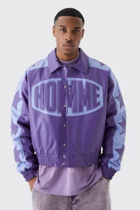 Boxy Homme Pu Badge Collared Varsity Jacket