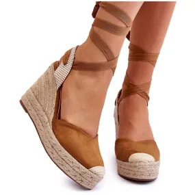 Camel Lendy Lace Up High Wedge Sandals brown