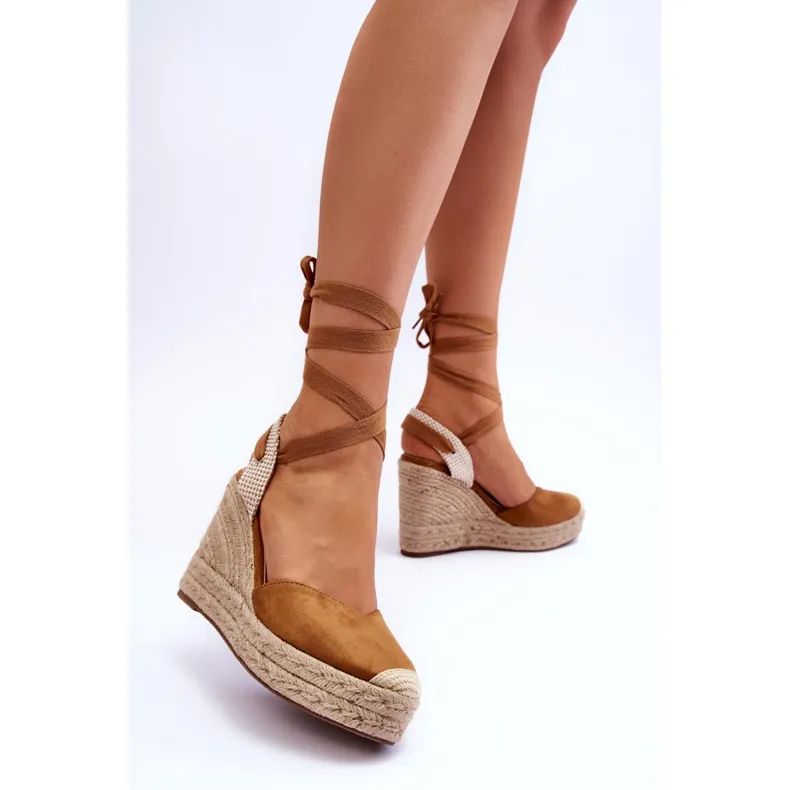 Camel Lendy Lace Up High Wedge Sandals brown