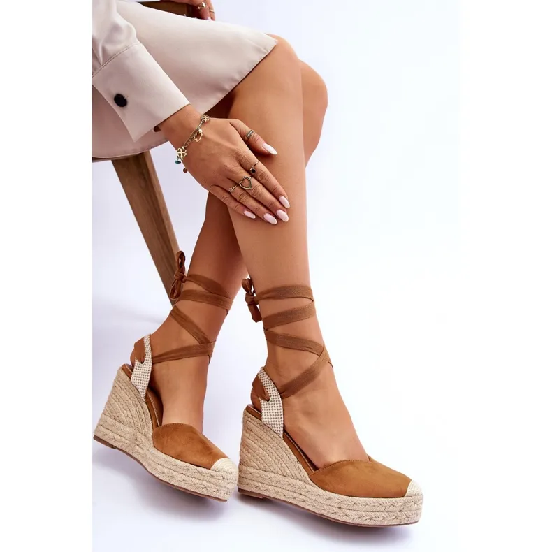 Camel Lendy Lace Up High Wedge Sandals brown