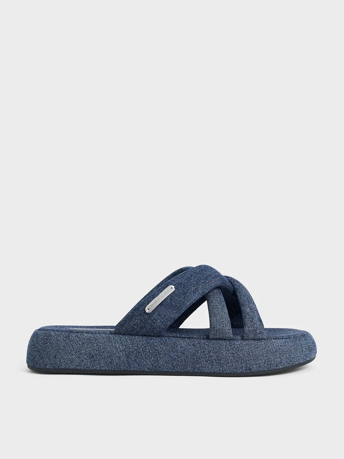 Denim Puffy Crossover-Strap Slide Sandals - Denim Blue