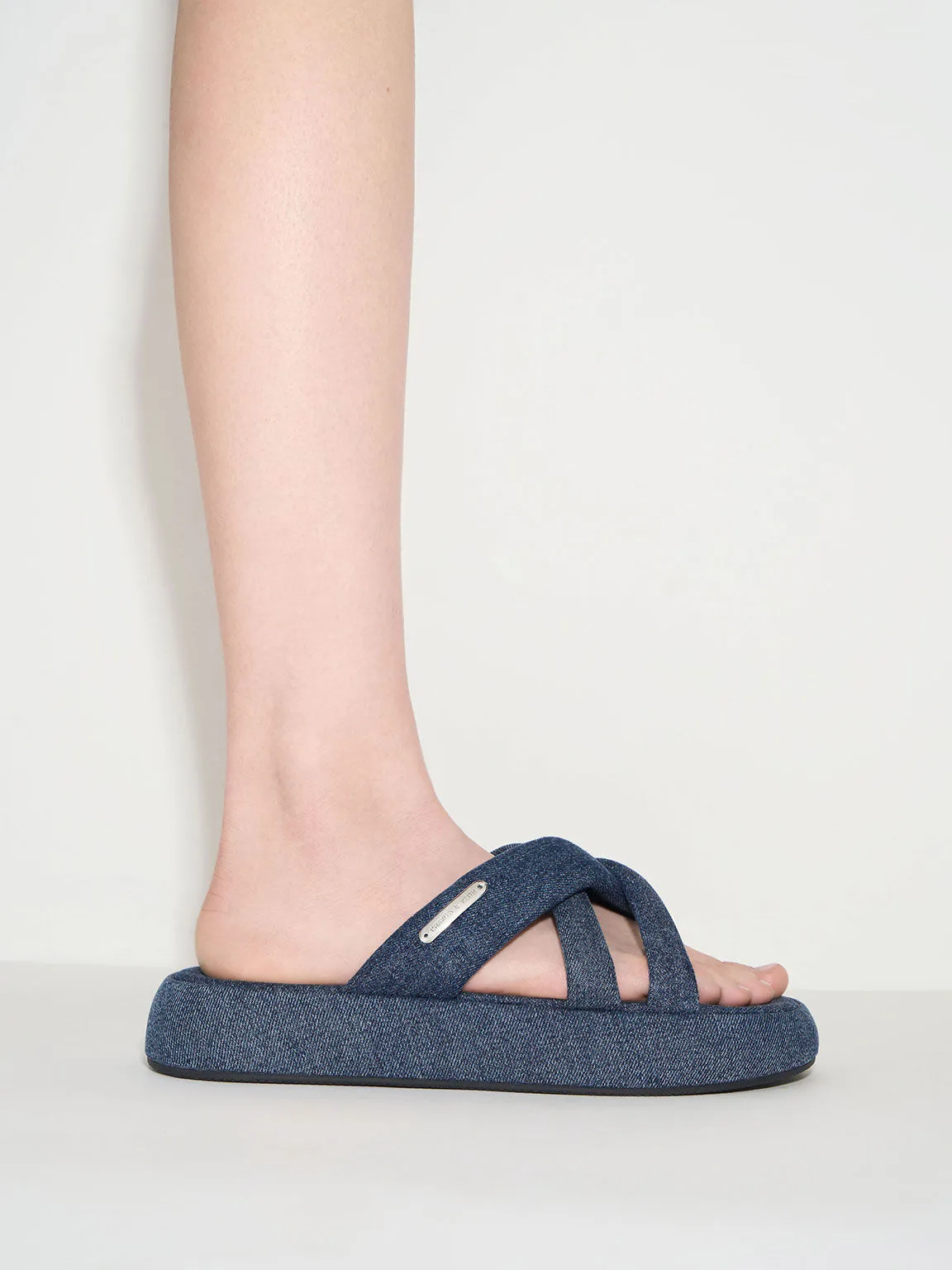 Denim Puffy Crossover-Strap Slide Sandals - Denim Blue