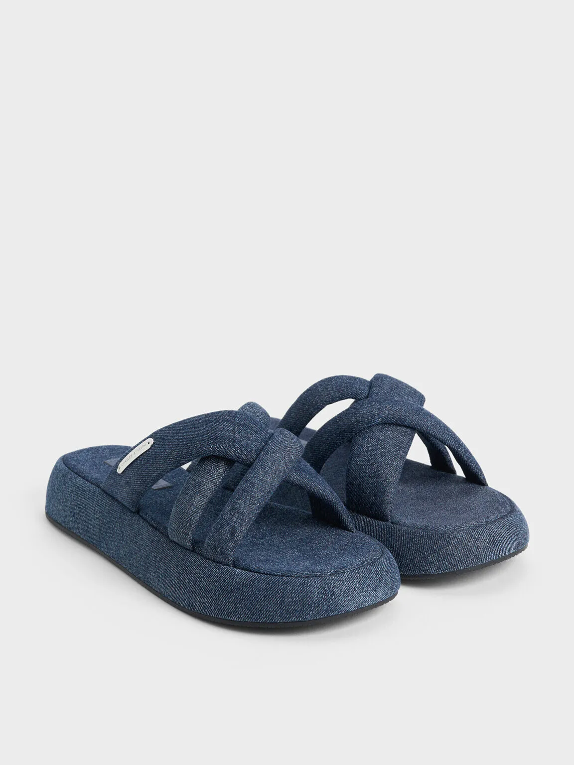 Denim Puffy Crossover-Strap Slide Sandals - Denim Blue