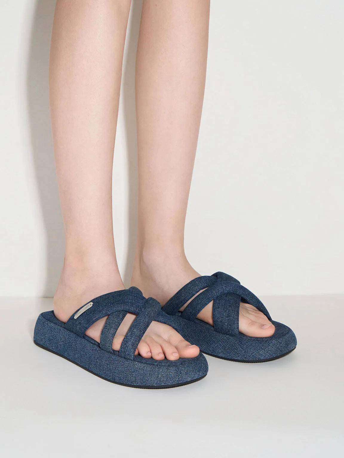 Denim Puffy Crossover-Strap Slide Sandals - Denim Blue