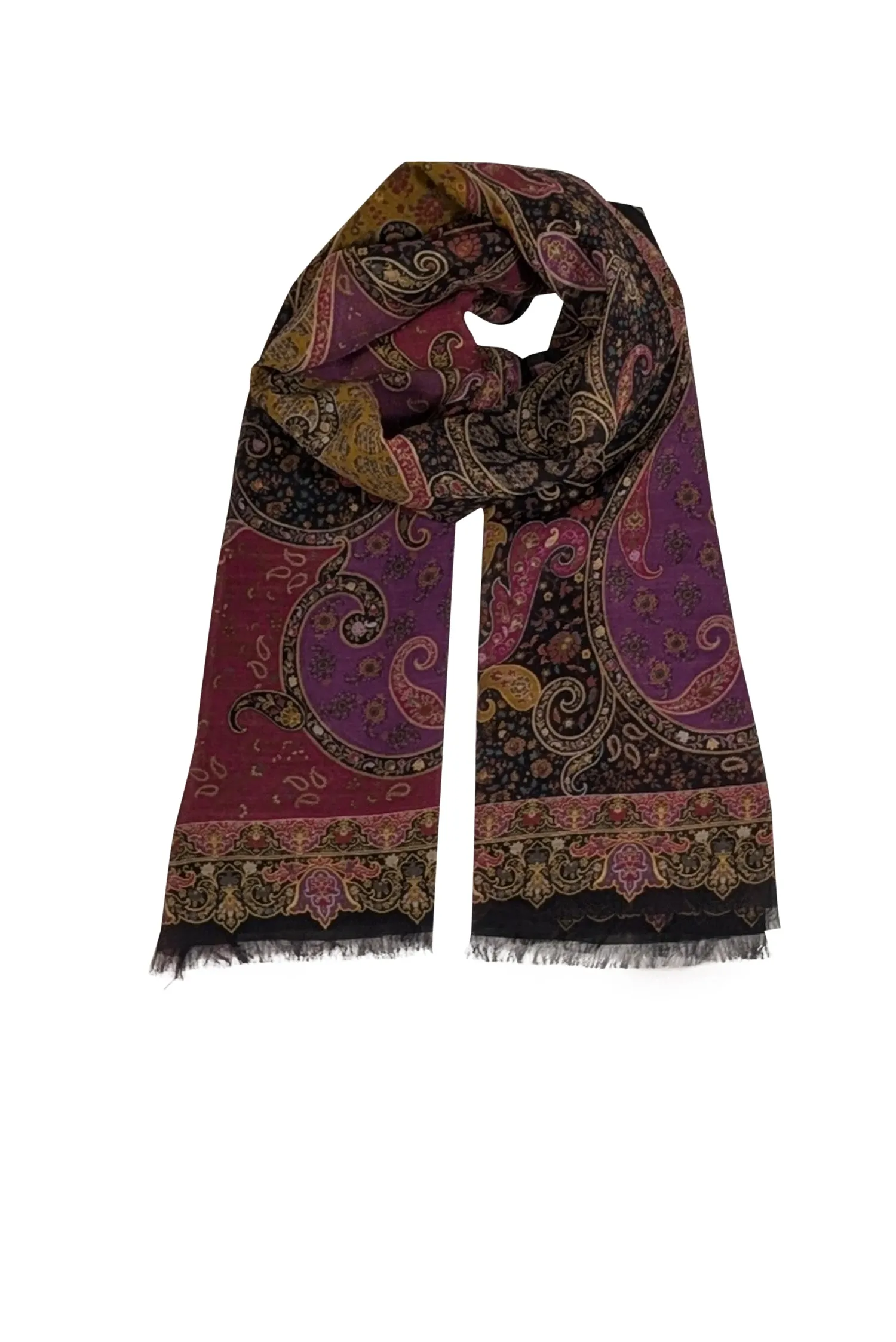 Etro - Magenta, Purple, Black, & Tan Paisley Print Silk Scarf