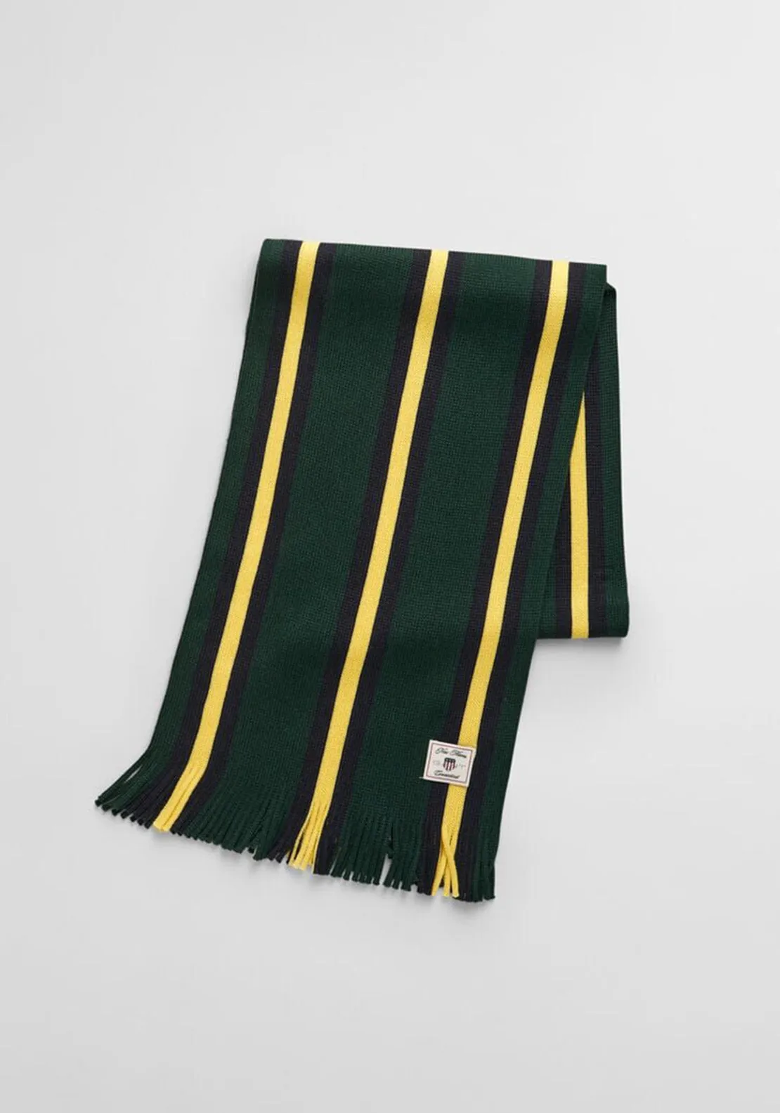 Gant Striped Knitted Wool Blend Scarf, Tartan Green & Yellow