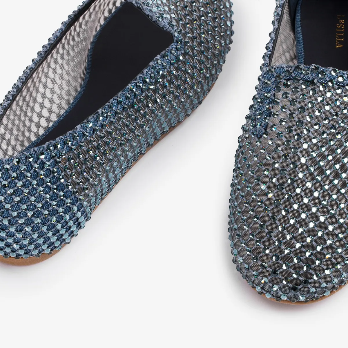 GILDA SLIPPER Denim blue fishnet slipper with Crystals