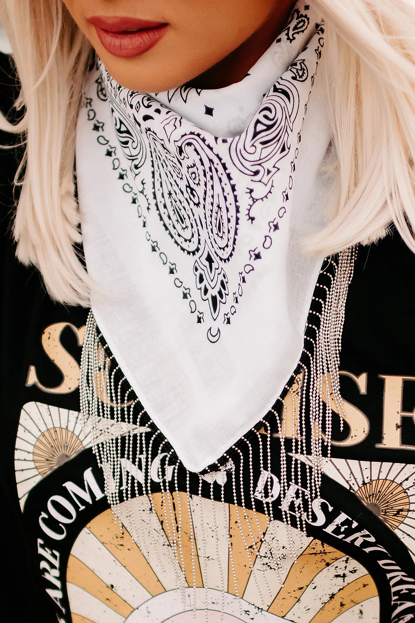 Honky Tonk Attitude Chain Fringe Bandana Scarf (White)