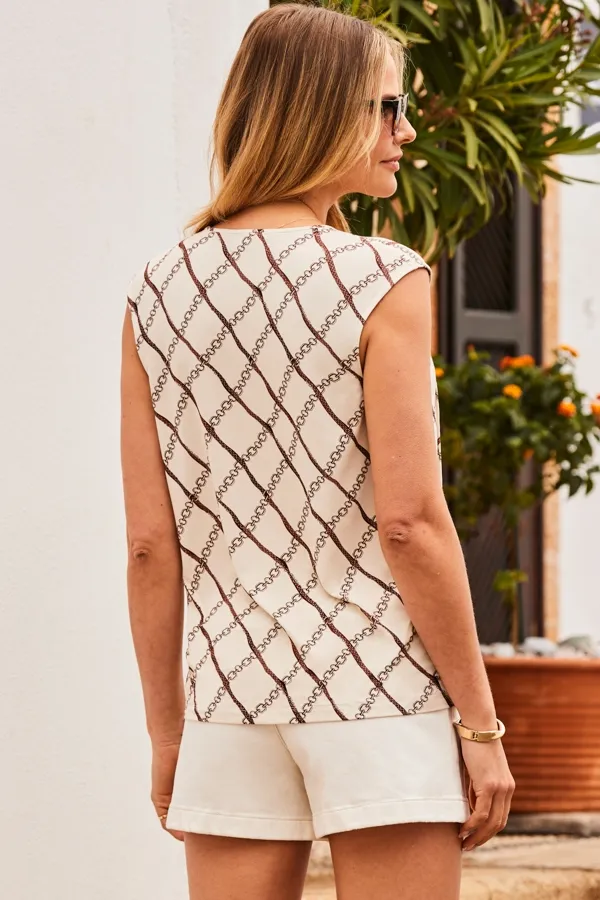 Ivory Chain Print Tie Detail Vest Jersey Top