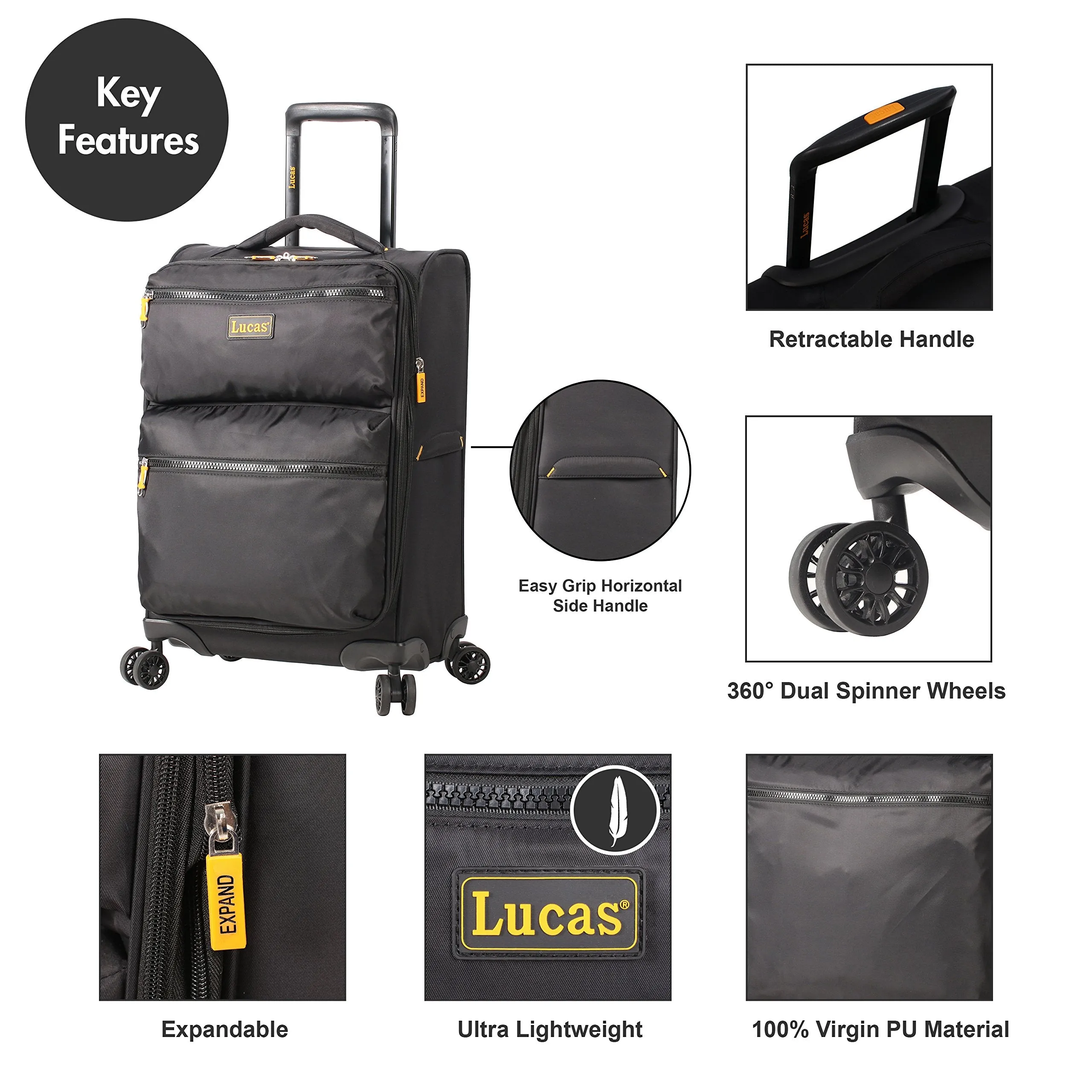 Lucas Ultra Lightweight Carry On Softside 20 inch Expandable Luggage With Spinner Wheels (20in, Black)