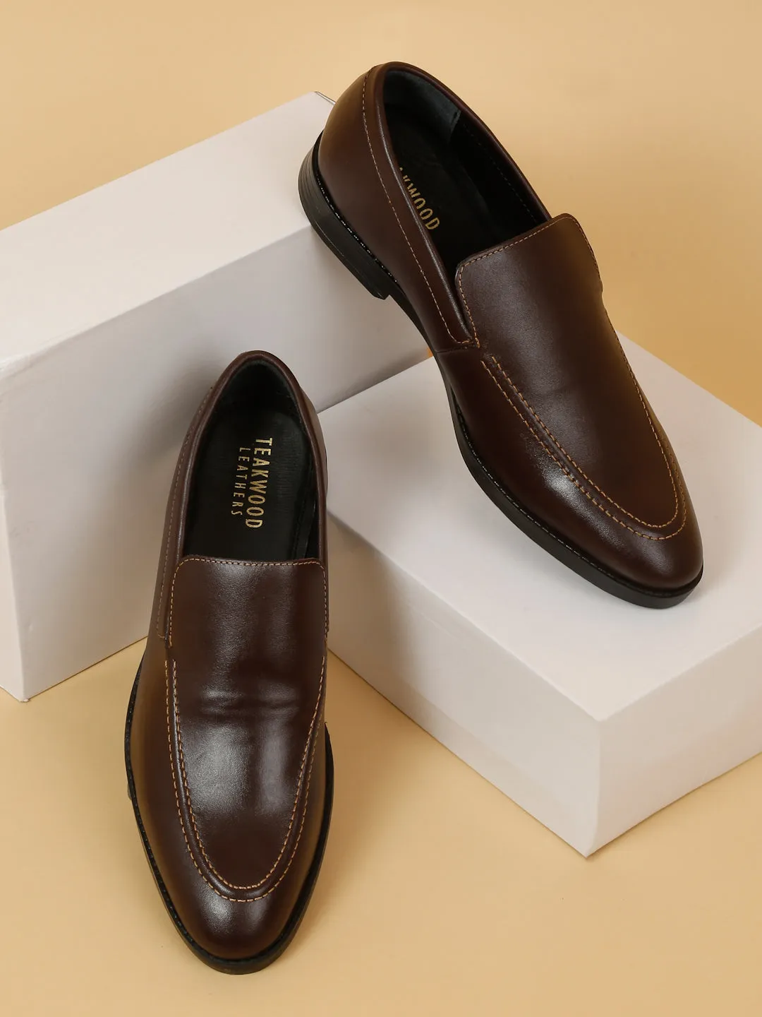 Men Brown Solid Leather Formal Slip-On Shoes