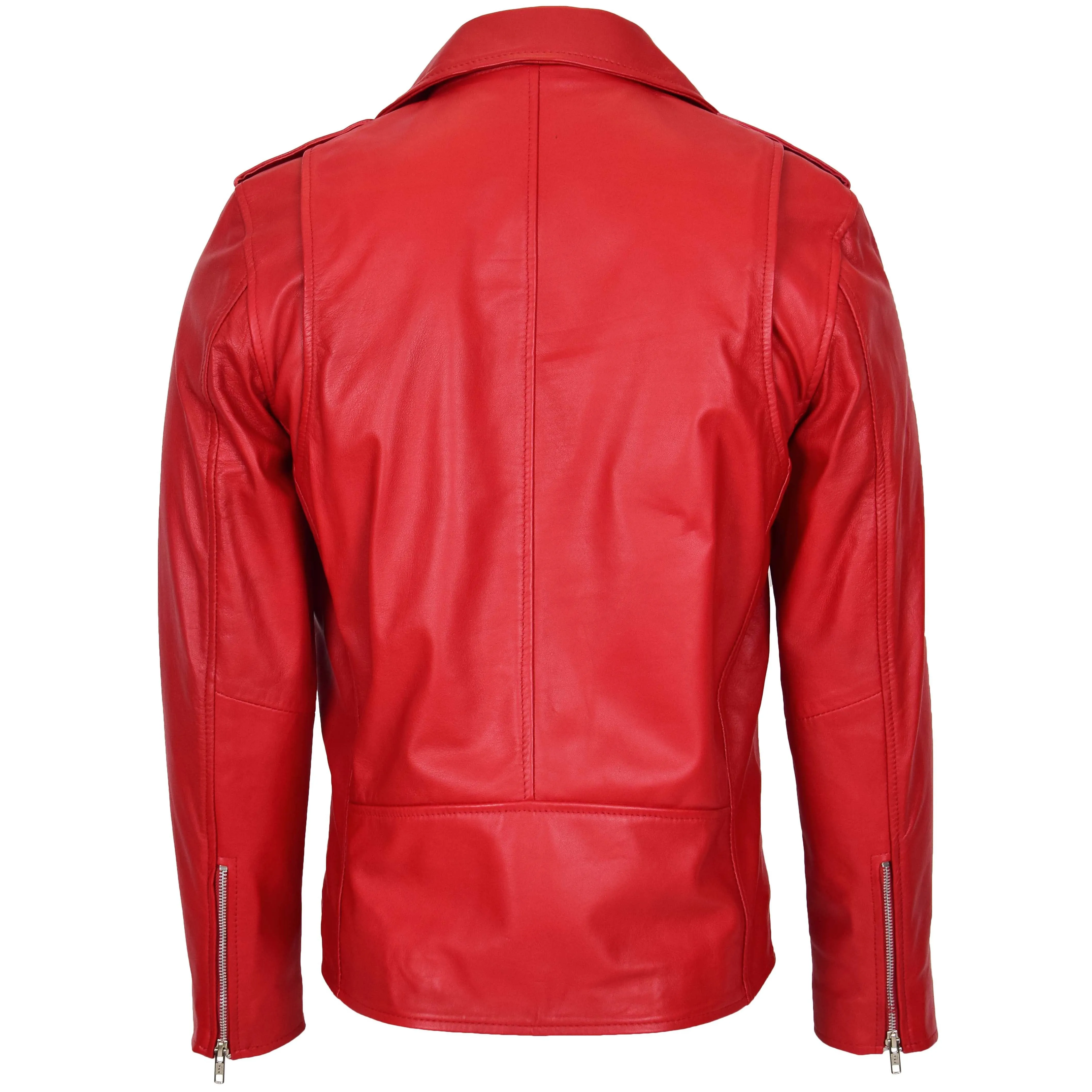 Mens Leather Biker Jacket Brando Style Johnny Red