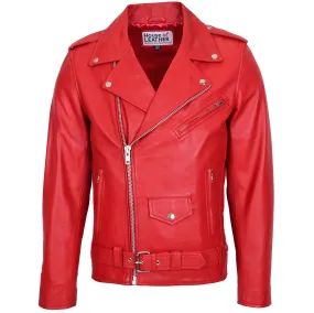 Mens Leather Biker Jacket Brando Style Johnny Red