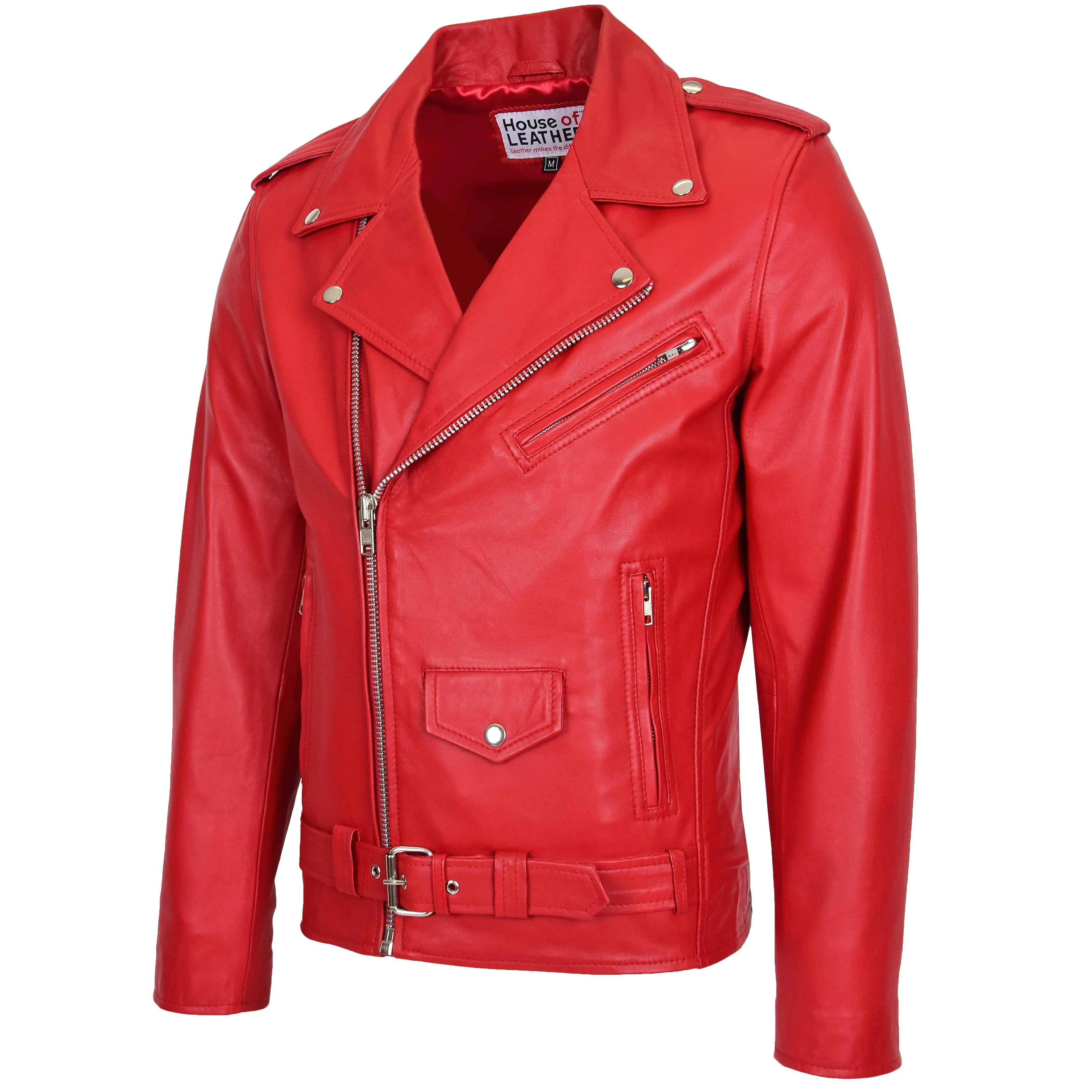 Mens Leather Biker Jacket Brando Style Johnny Red