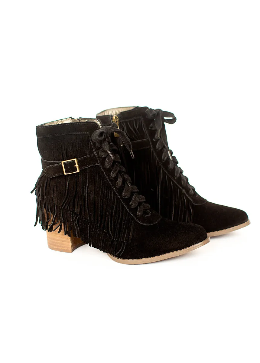 Nika Leather Fringe Boot in Black