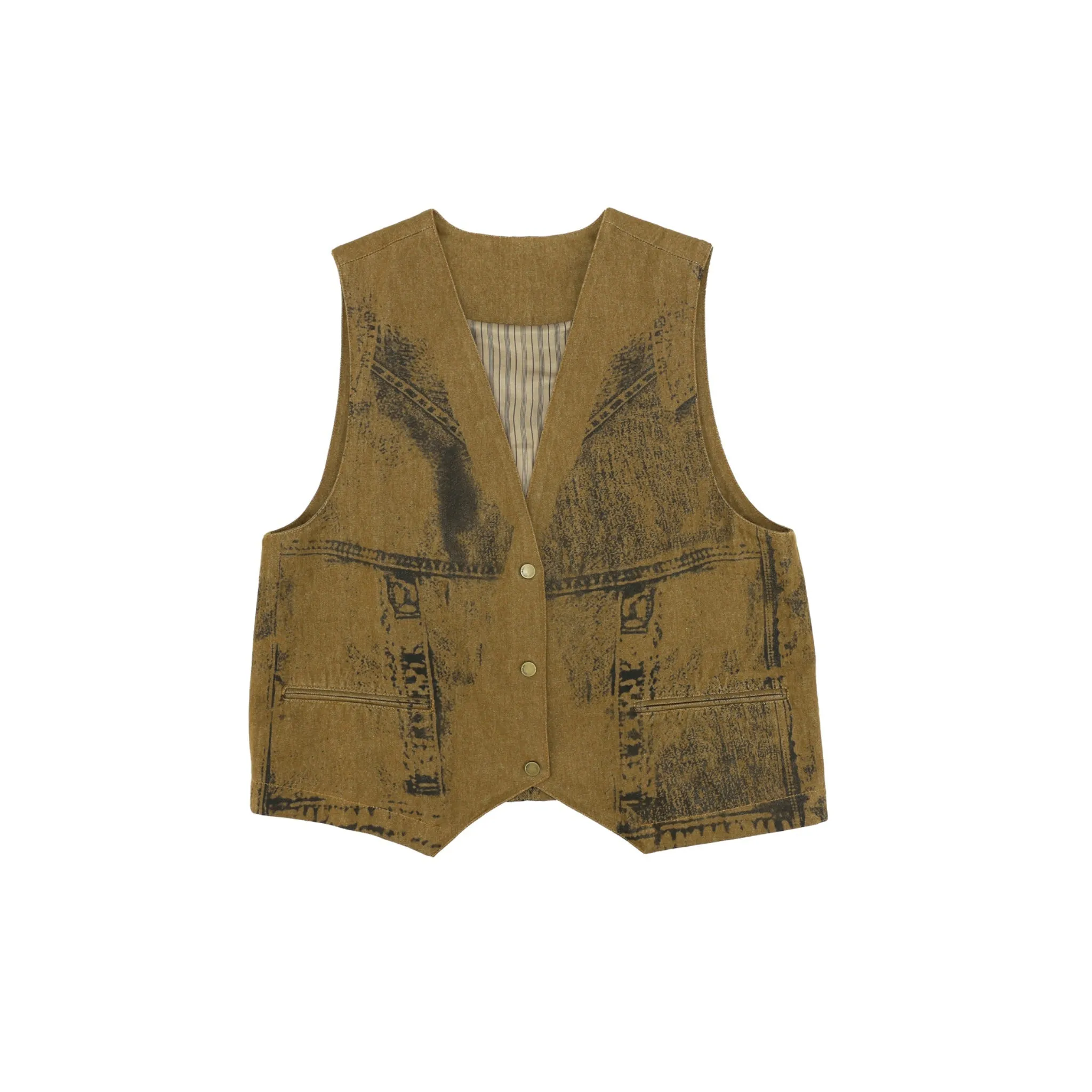 Offset Print Denim Vest in brown-