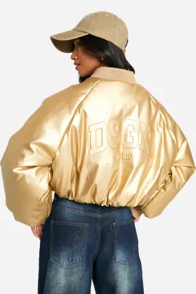 Petite Embossed Faux Leather Oversized Bomber Jacket