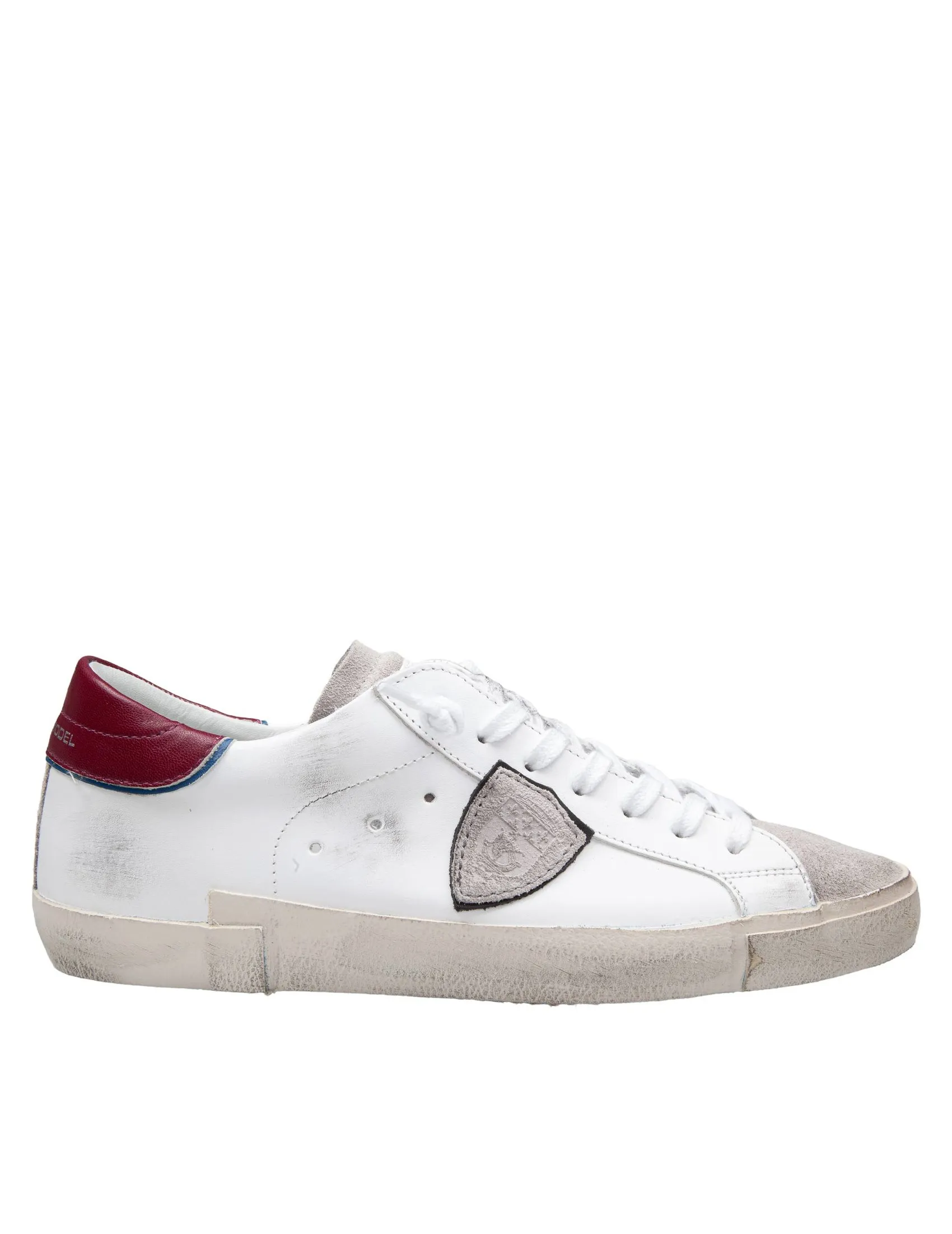 PHILIPPE MODEL PRSX LOW LEATHER SNEAKERS WHITE AND BURGUNDY