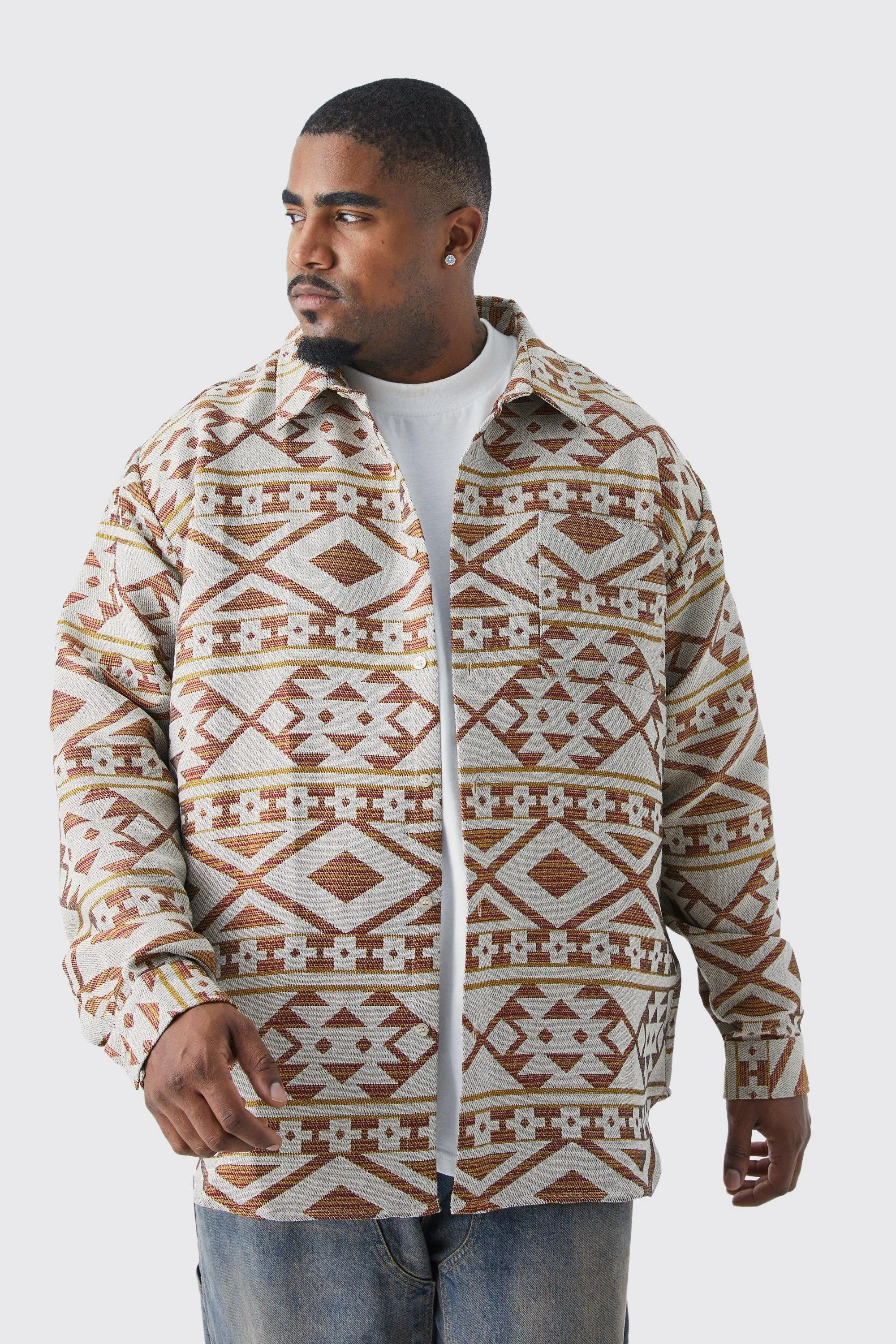 Plus Longsleeve Aztec Jacquard Oversized Shirt Jacket