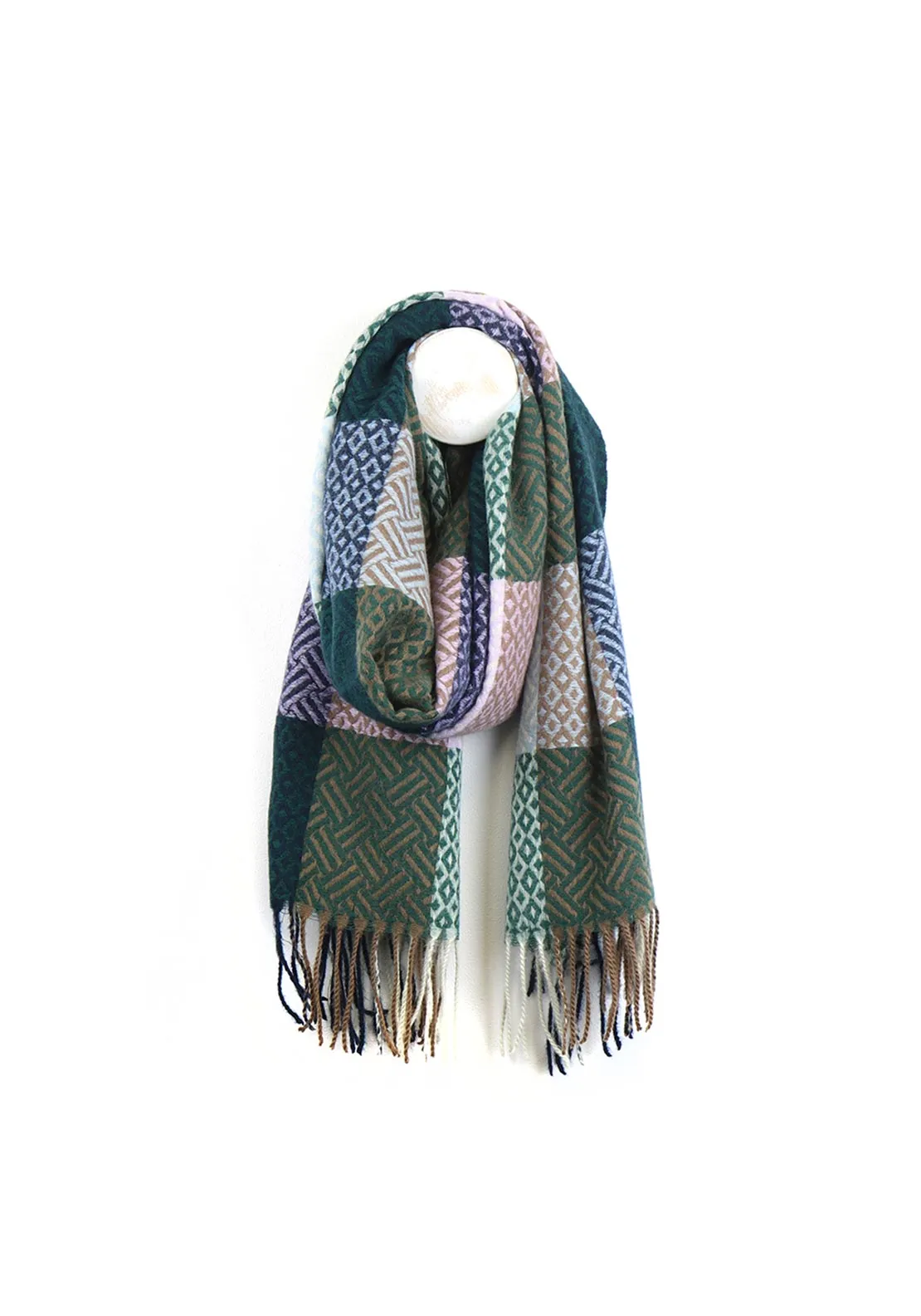 Pom Geometric Print Fringed Scarf, Green