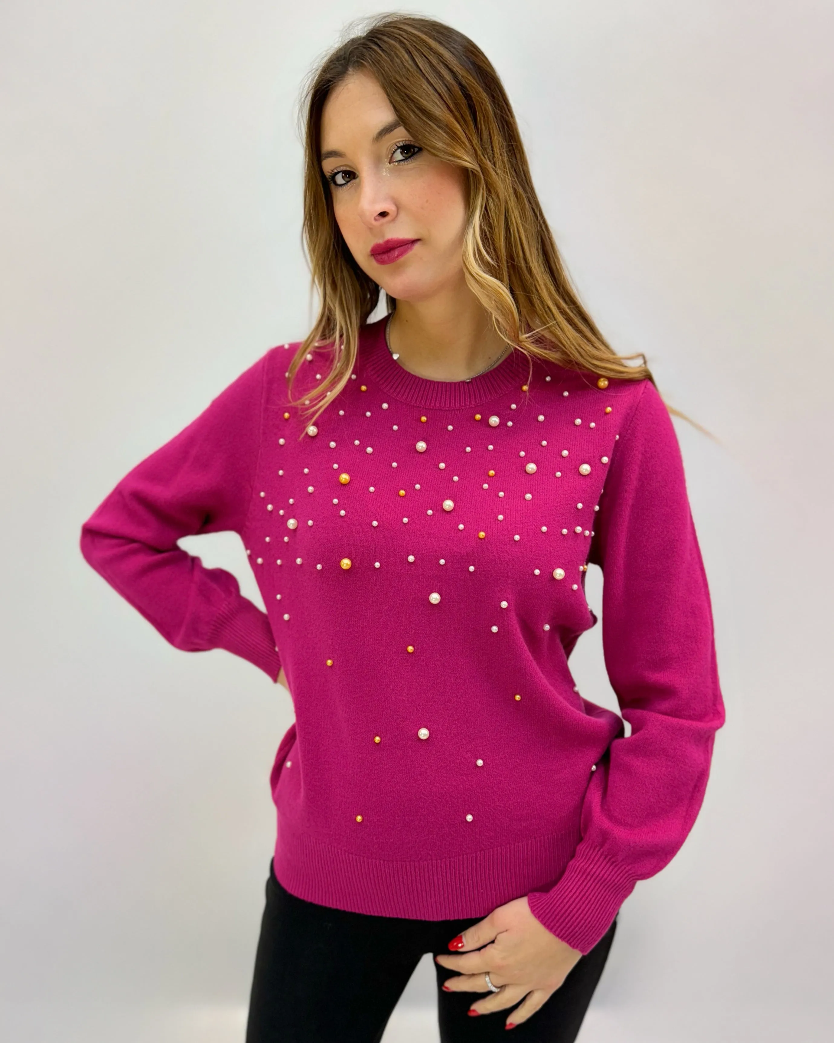 Pullover girocollo con perle