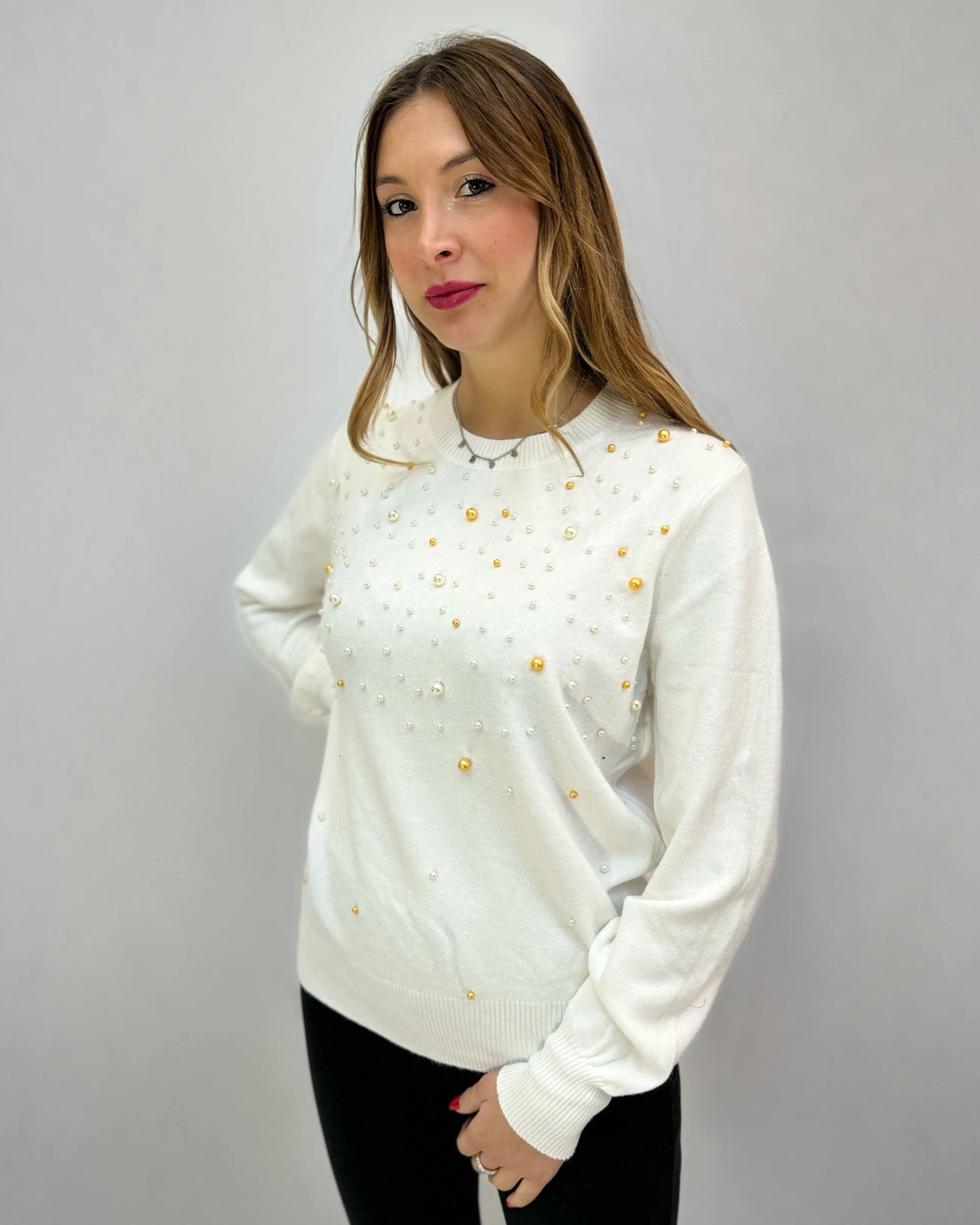 Pullover girocollo con perle