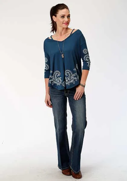 Roper Women's Blue Bayou Elbow Sleeve Pullover Western Blouse