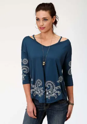 Roper Women's Blue Bayou Elbow Sleeve Pullover Western Blouse