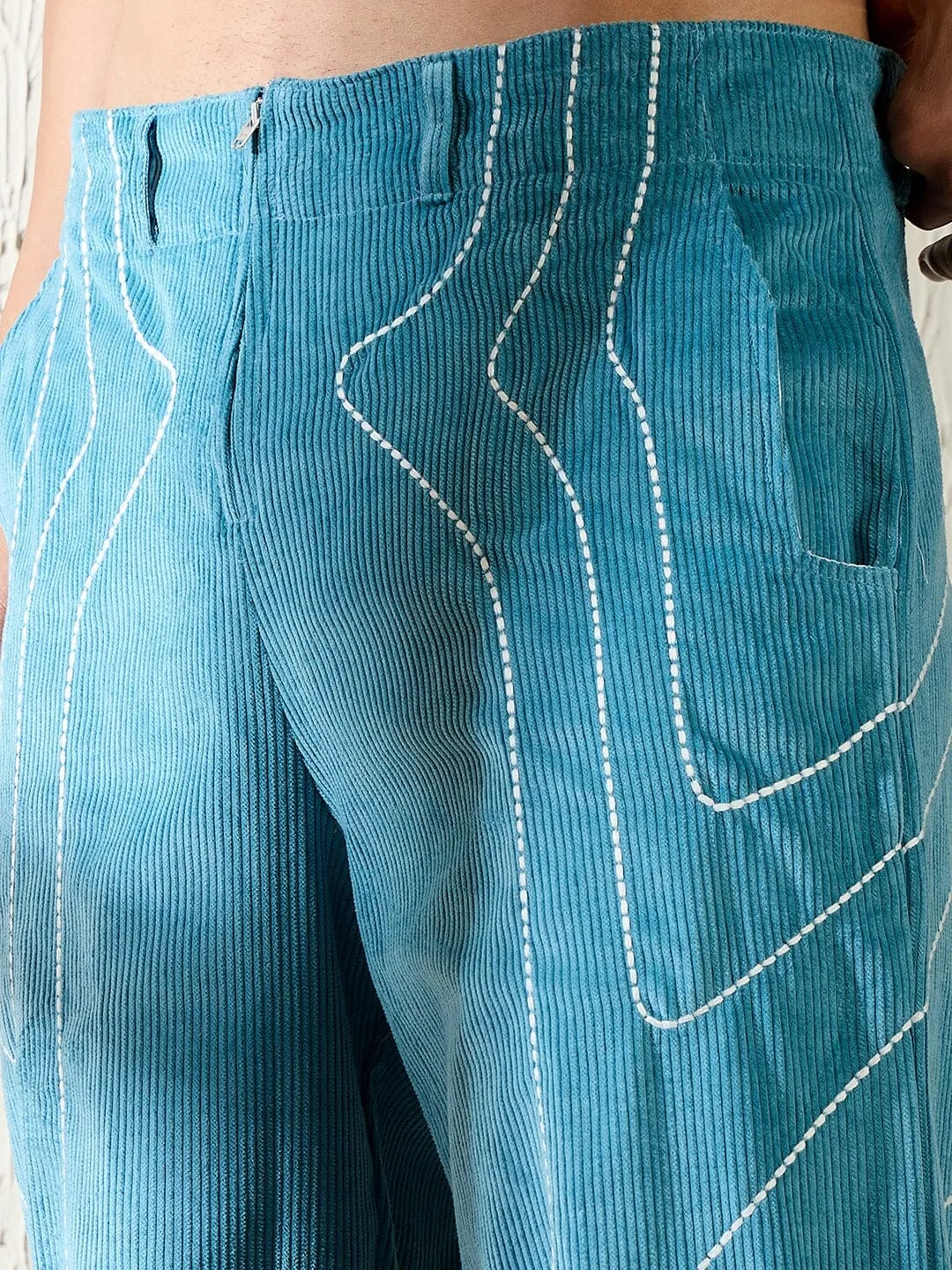 Teal Wavy Embroidery Baggy Corduroy Trousers