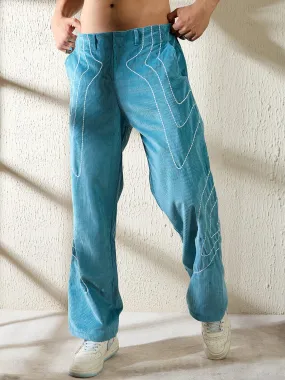 Teal Wavy Embroidery Baggy Corduroy Trousers