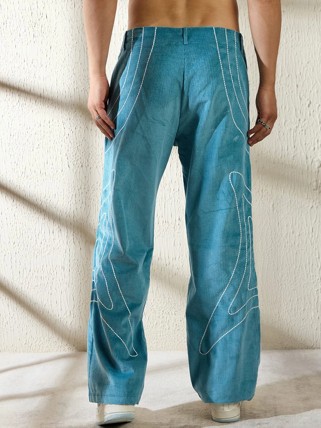 Teal Wavy Embroidery Baggy Corduroy Trousers