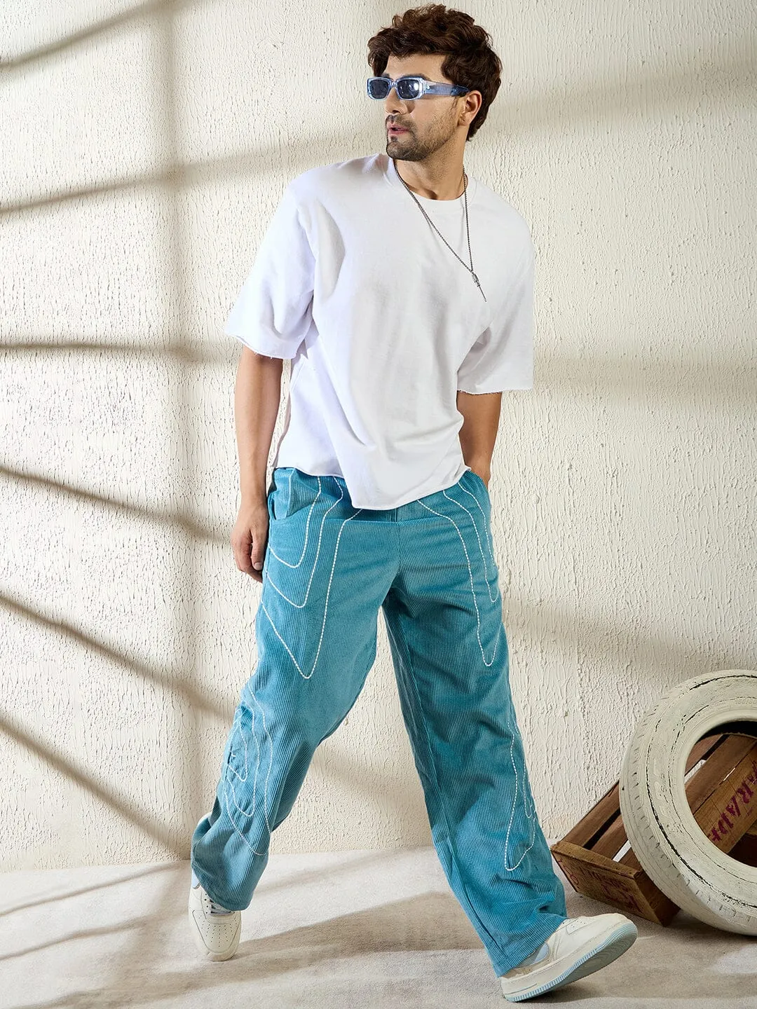 Teal Wavy Embroidery Baggy Corduroy Trousers