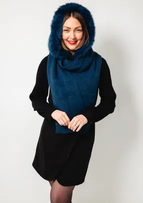 The Serafina Collection Faux Fur Knitted Hooded Scarf, Teal