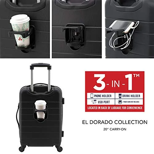 Wrangler Smart Luggage Set with Cup Holder and USB Port, Black, 20-Inch Carry-On